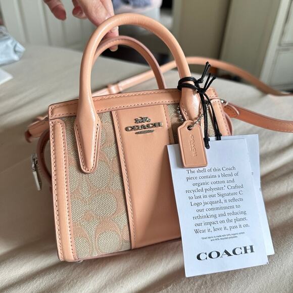 COACH Andrea Mini Carryall Signature Jacquard Peach Tan Refined Calf Leather NWT - Picture 1 of 15